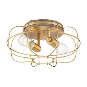 Lyam 14 in. 2-Light Aged Brass Flush Mount with Cage Style Shade and No Bulbs Included