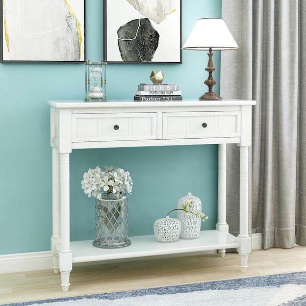 Harper & Bright Designs 35.34 in. Ivory White Rectangle Wood Console Table with 2-Drawers