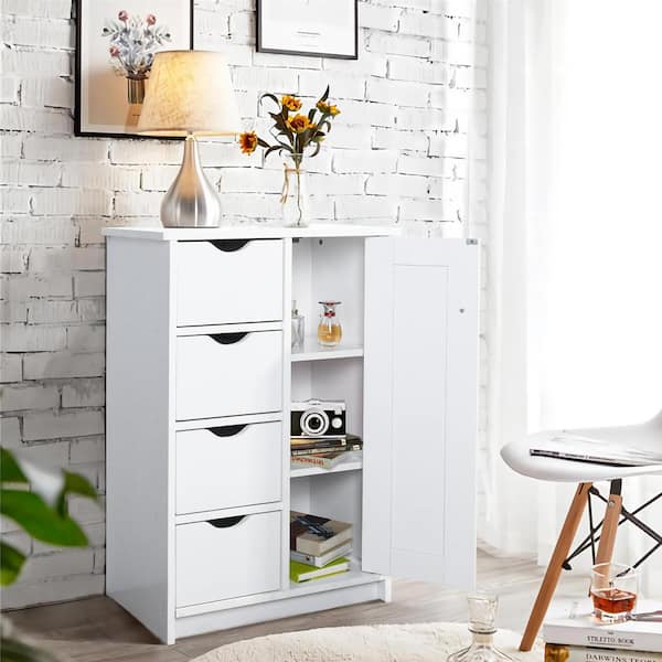 Homy Casa Kupchak White 32.3 in. H Free-Standing Wooden Storage Cabinet Storage Organizer with 1 Door and 4-Drawers