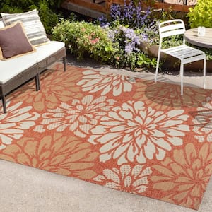 Zinnia Modern Floral Textured Weave Orange/Cream 4 ft. x 6 ft. Indoor/Outdoor Area Rug