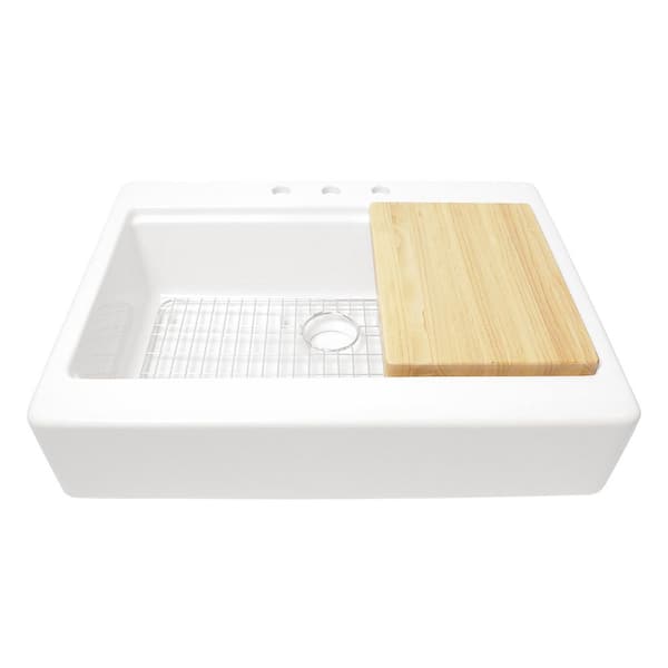 Parker 34 in. 3-Hole Quick-Fit Farmhouse/Apron-Front Drop-In Single Bowl White Fireclay Workstation Kitchen Sink