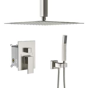 2-Spray Patterns with 1.8 GPM 16 in. Ceiling Mount Dual Shower Heads with Rough-in Valve Trim Kit in Brushed Nickel