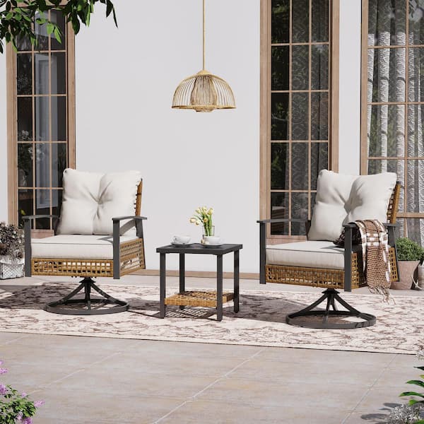 Brown 3-Piece Wicker Patio Conversation Set Outdoor Swivel Chairs with Beige Cushions