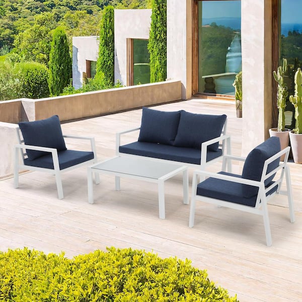 Freestyle 4-Piece Aluminum White Outdoor Conversation Sofa Set with Blue Cushions