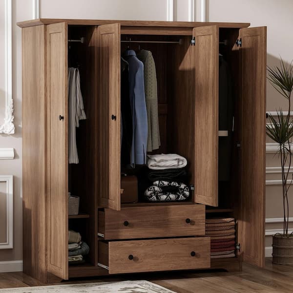 Brown 60.6 in. 4-Doors Wardrobe Armoire with Storage Shelves, 2-Drawers and Built-In HangIng Rail