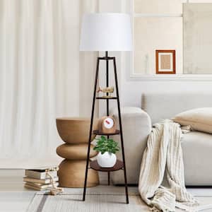 60.7 in. Black Tripod Floor Lamp with with White Linen Texture Shade and 3-tier Wood Open Storage Shelf
