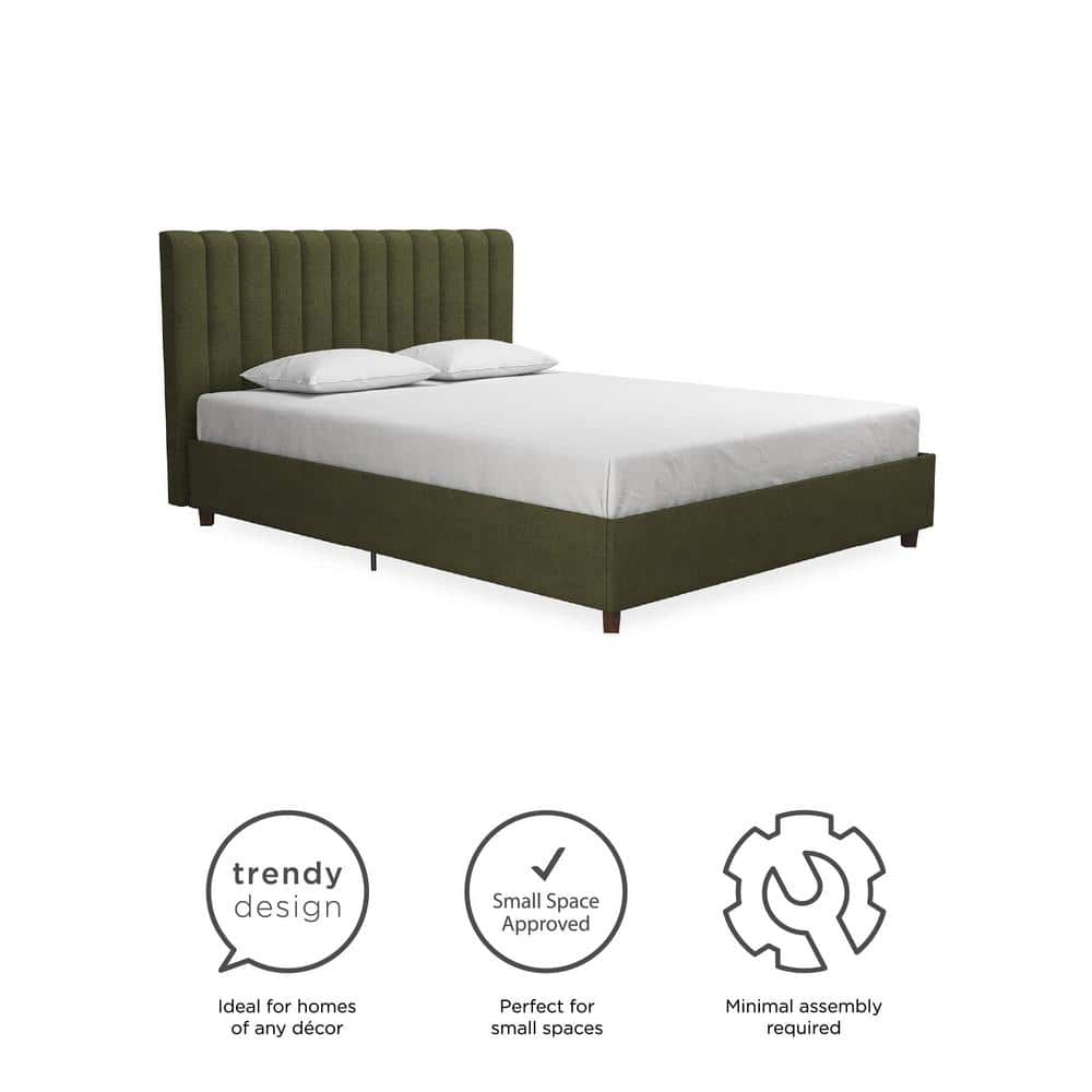 Green Linen Upholstered Queen Platform Bed with Oak Legs