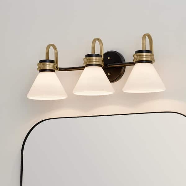 Farum 26 in. 3-Light Black with Champagne Bronze Modern Bathroom Vanity Light with Opal Glass Shades