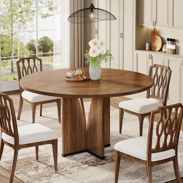 BYBLIGHT Roesler Farmhouse Walnut Wood 39.37 in. W Pedestal Round Dining Table without Chairs Kitchen Dining Table Seats 4 BB XK00683YF