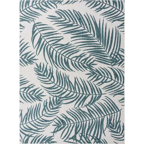 Outdoor Botanical Palm Teal Ivory 9 ft. x 12 ft. Area Rug