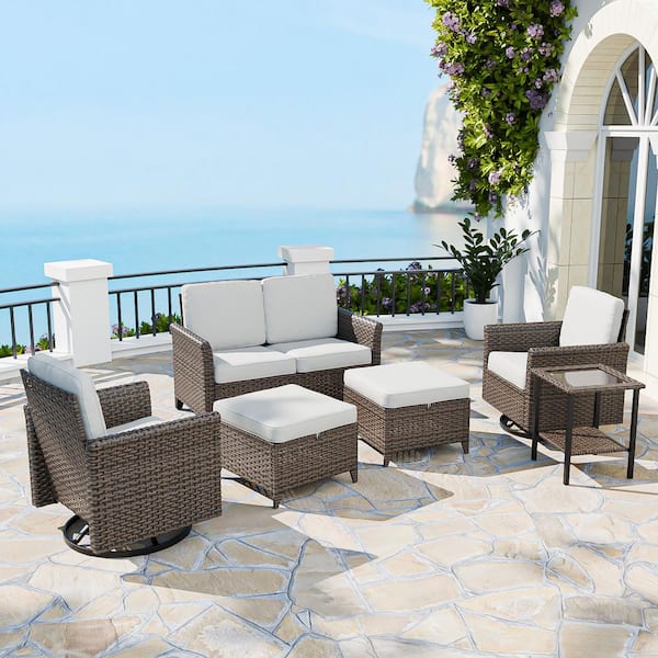 Brown Rattan Wicker 6-Piece Outdoor Patio Conversation Set with Beige Cushions, Side Table, Ottomans