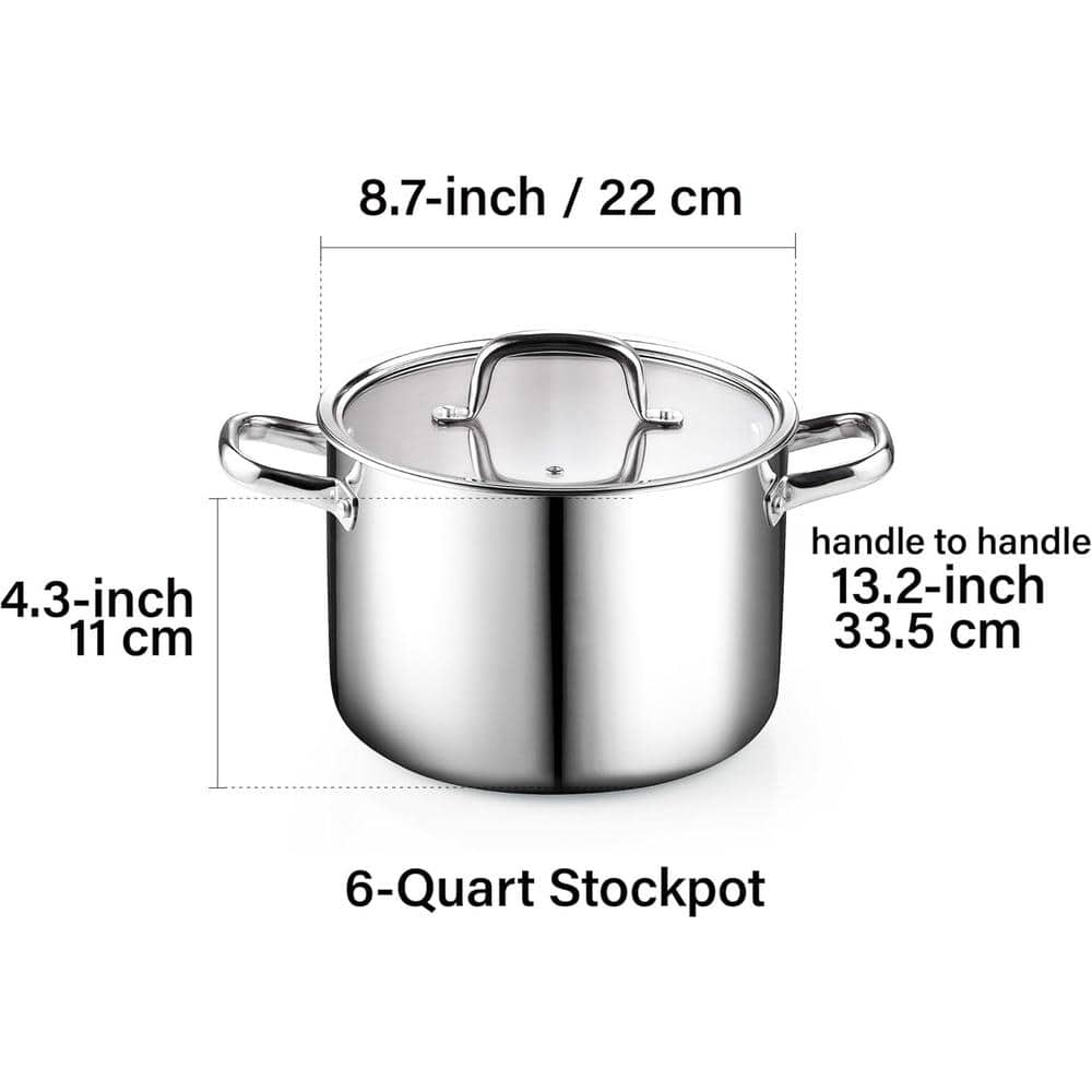 6 Quart Silver Stainless Steel Stockpot with Glass Lid