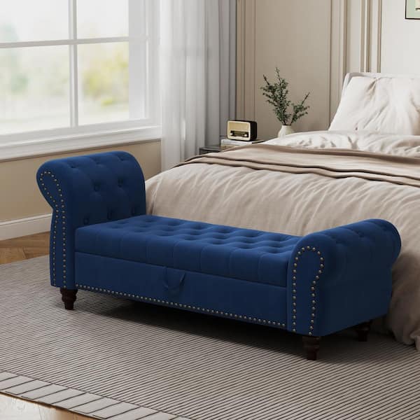 Harper & Bright Designs Navy Blue Modern Nails Tufted Armed Storage Bedroom Bench 28.7 in. H x 64.5 in. W x 19.3 in. D