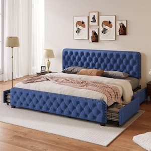 Blue Metal Frame King Size Button Tufted Nailhead Upholstered Platform Bed with 4 Large Drawers