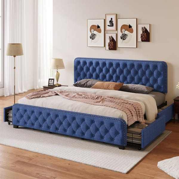Harper & Bright Designs Blue Metal Frame King Size Button Tufted Nailhead Upholstered Platform Bed with 4 Large Drawers