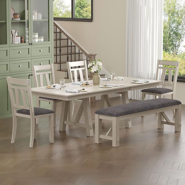 6-Piece Gray Extendable Dining Table Set with 4-Cross-Back Chairs and Upholstered Bench, Wood Kitchen Table (Set for 6)