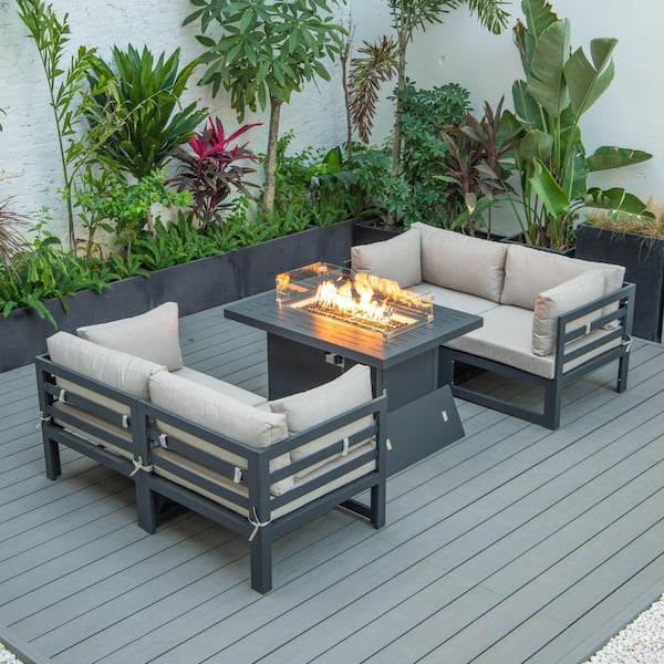Leisuremod Chelsea Black 5-Piece Aluminum Sectional and Patio Fire Pit Set with Beige Cushions