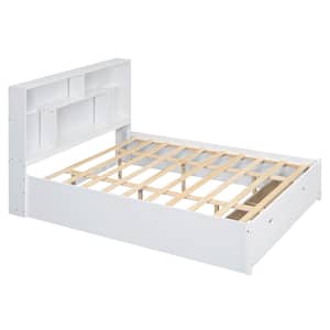 White Wood Frame Queen Size Platform Bed with Storage Headboard and Drawer
