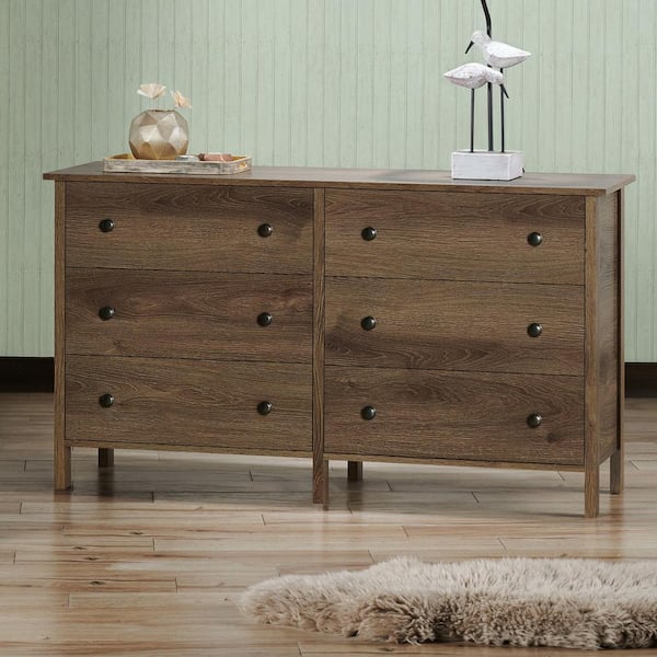 London 6-Drawer Distressed Walnut 52.63 in. W Dresser