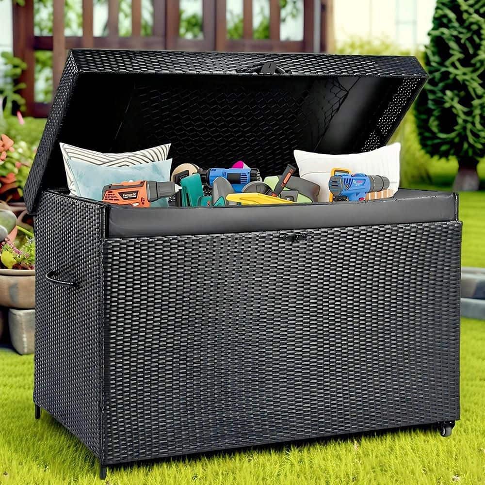 All-Weather 230 Gallon Wicker Black Deck Box with Wheels for Patio Furnitur