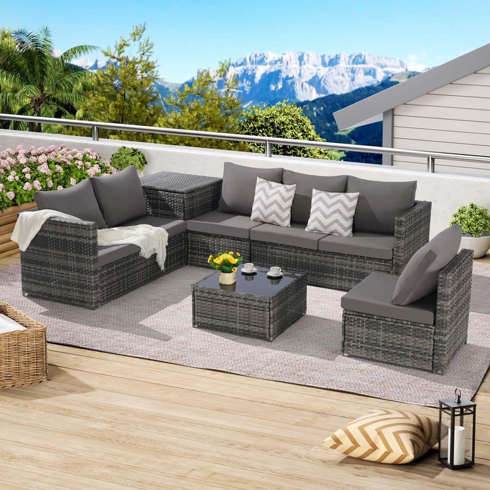 6-Piece Wicker Patio Conversation Set L-Shaped Sofa Set with Dark Gray Cush