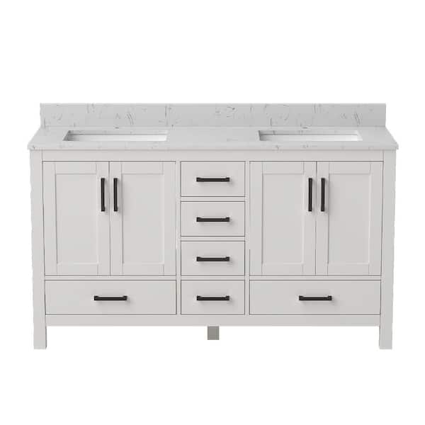 Aeterna 60 in. W x 22 in. D x 34 in. H Double Sinks Freestanding Bath Vanity in White with Cultured Marble Top
