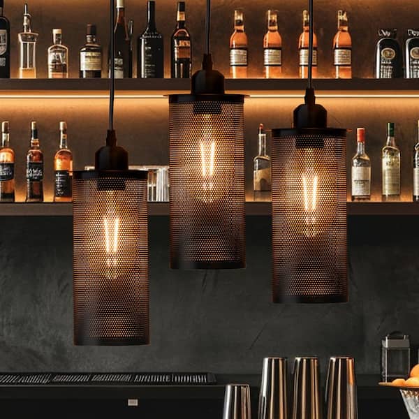 1-Light Iron Mesh Cylinder Hanging Light Retro Industrial Black Cage Pendant Light for Indoor,Restaurant,Kitchen