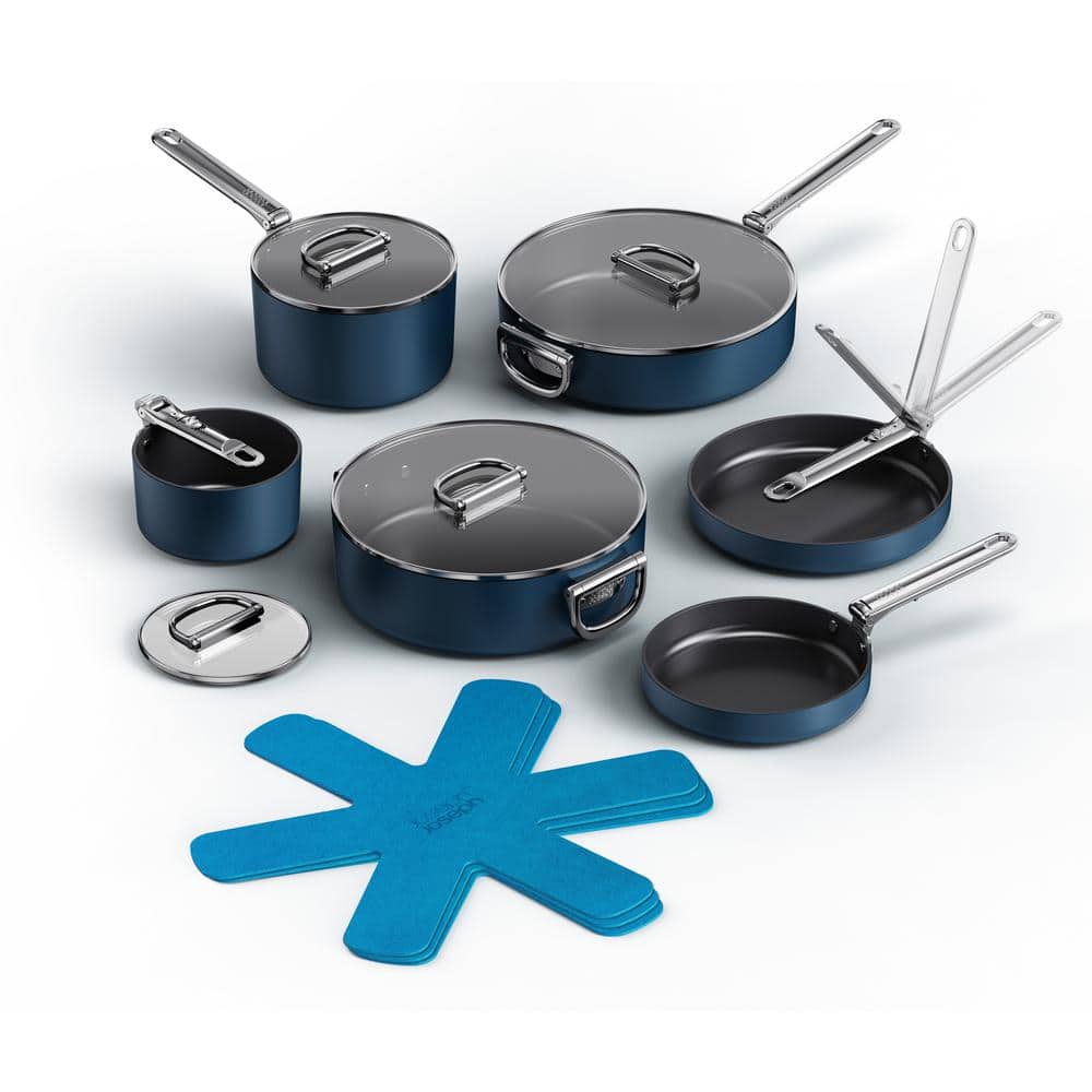 Blue Aluminum Non-Stick 10-Piece Cookware Set with Folding Handles
