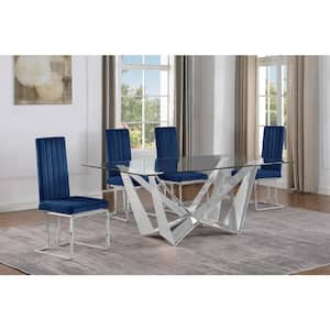 Rae 5-Piece Rectangular Glass Top Stainless Steel Base Dining Set With 4 Navy Blue Velvet Chrome Iron Legs Chairs