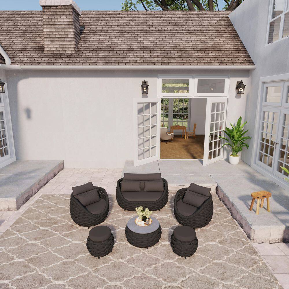 6-Pieces Black Aluminum Woven Rope Outdoor Patio Sectional Set with Ottomans, Coffee Table and Dark Gray Cushions price history on PriceWatchPro