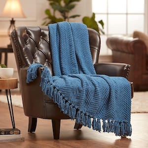 CHANASYA Waffle Textured Dusty Blue Acrylic Throw Blanket with Tassels ...