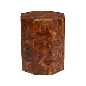 13 in. Brown Handmade Medium Octagon Wood End Accent Table with Mosaic Wood Chip Design