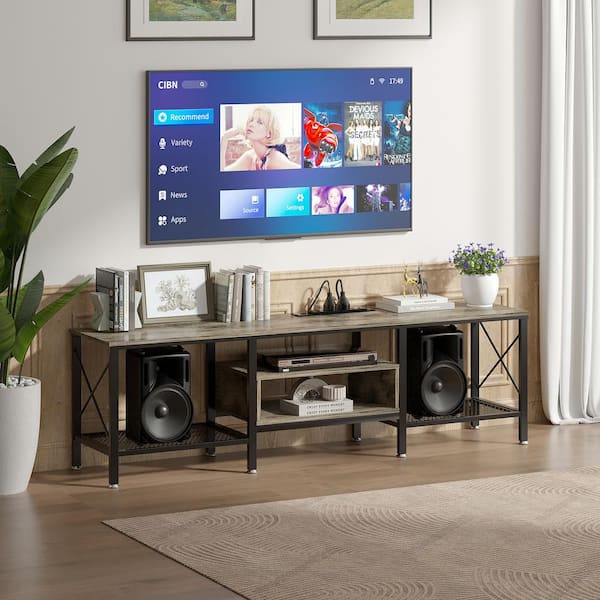 VECELO TV Stand with Power Outlets, Gray TV Console for 70 in. Industria Media Entertainment Center with Charging Station