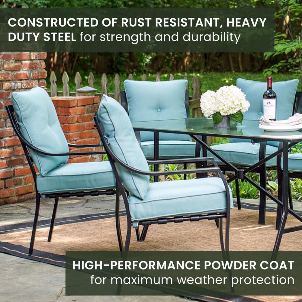 Lavallette 7-Piece Black Steel Outdoor Dining Set with Blue Cushions