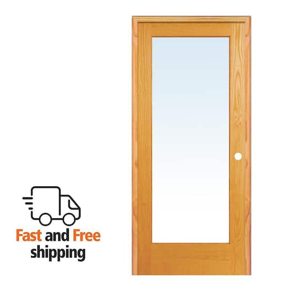 36 in. x 80 in. Left Handed Unfinished Pine Wood Clear Glass Full Lite Single Prehung Interior Door