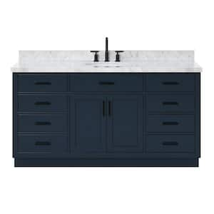 Hepburn 67 in. W x 22 in. D x 36 in. H Bath Vanity Single Sink in Midnight Blue with Carrara White Marble Top