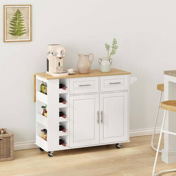 White Wood 46.46 in. Kitchen Island with 2-Door Cabinet and 2
