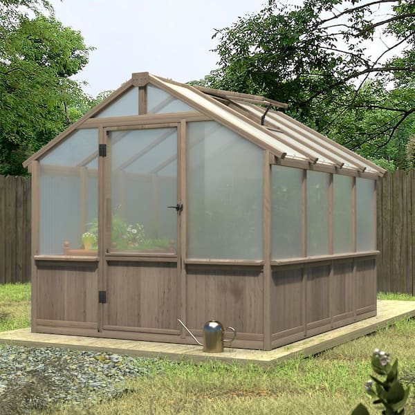 8 ft. x 8 ft. Cedar Wood Greenhouse for Outdoors, Polycarbonate Greenhouse with Roof Vent, Greenhouse for Outside Garden