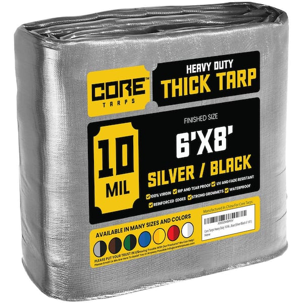 CORE TARPS 6 ft. x 8 ft. Silver/Black 10 Mil Heavy Duty Polyethylene Tarp, Waterproof, UV Resistant, Rip and Tear Proof