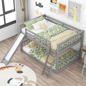 Gray Full Over Full Bunk Bed with Convertible Slide and Ladder, Full-Size Bunk Bed, No Box Spring Needed