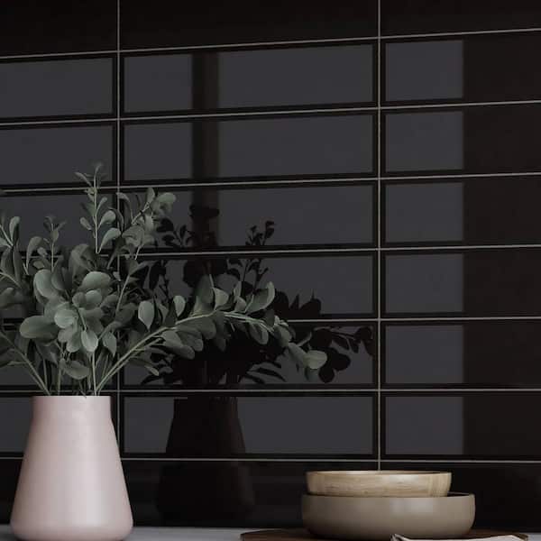 CRUZ BAY STUDIO Facet 3 in. x 12 in. Glazed Black Gloss Ceramic Subway Wall Tile (5.28 sq. ft./Case)