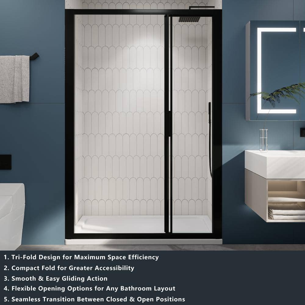 54" Matte Black Semi-Frameless Sliding Shower Door with Clear Glass