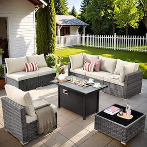 Helene Gray 8-Piece Wicker Outdoor Patio Conversation Sectional Sofa Set with a Metal Fire Pit and Beige Cushions