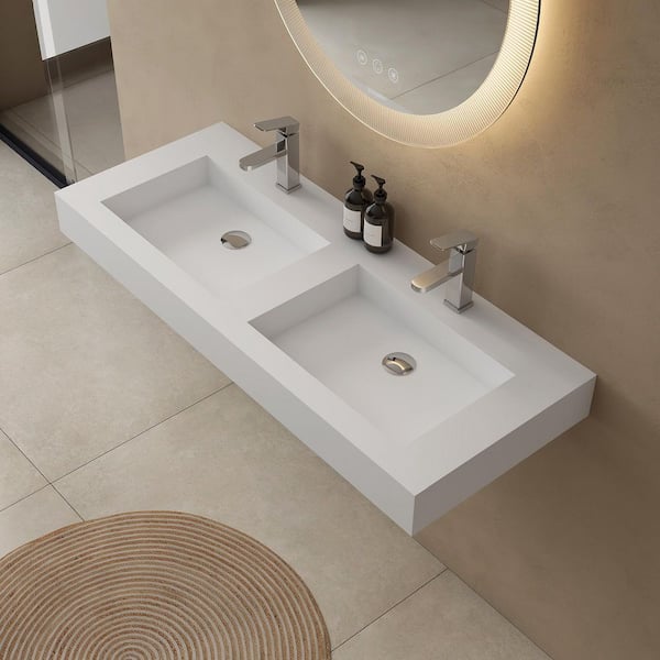 47 in. Wall Mount Rectangle double Vessel Sink with Faucet Hole, Solid Surface Bathroom Vessel Sink