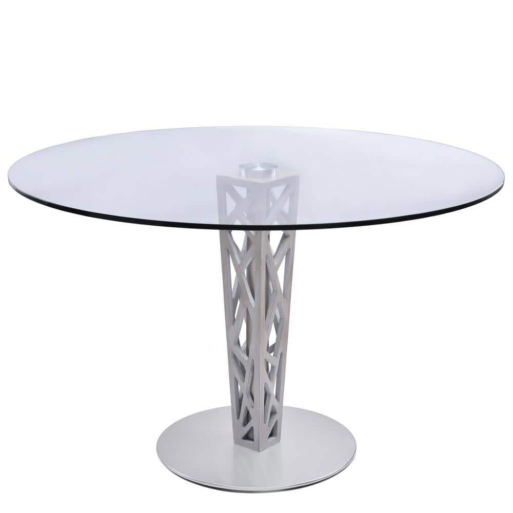 Crystal 48 Round Dining Table in Walnut Veneer column and Brushed Stainl