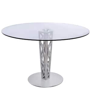 Crystal 48" Round Dining Table in Walnut Veneer column and Brushed Stainless Steel finish with Clear Tempered Glass Top