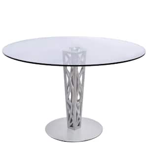 Crystal Round Dining Table in Brushed Stainless Steel finish with Gray Walnut Veneer Column and 48" Glass Top