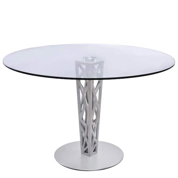 Armen Living Crystal Round Dining Table in Brushed Stainless Steel finish with Gray Walnut Veneer Column and 48" Glass Top