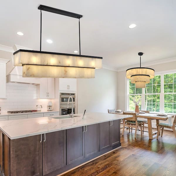 54 in. 16-Light Black Dimmable Rectangle Kitchen Island Chandelier with 2-Tier Alabaster, for Living Room, Dining Room