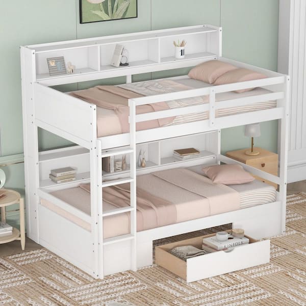 White Twin Bunk Bed with 2 Shelves and Drawer